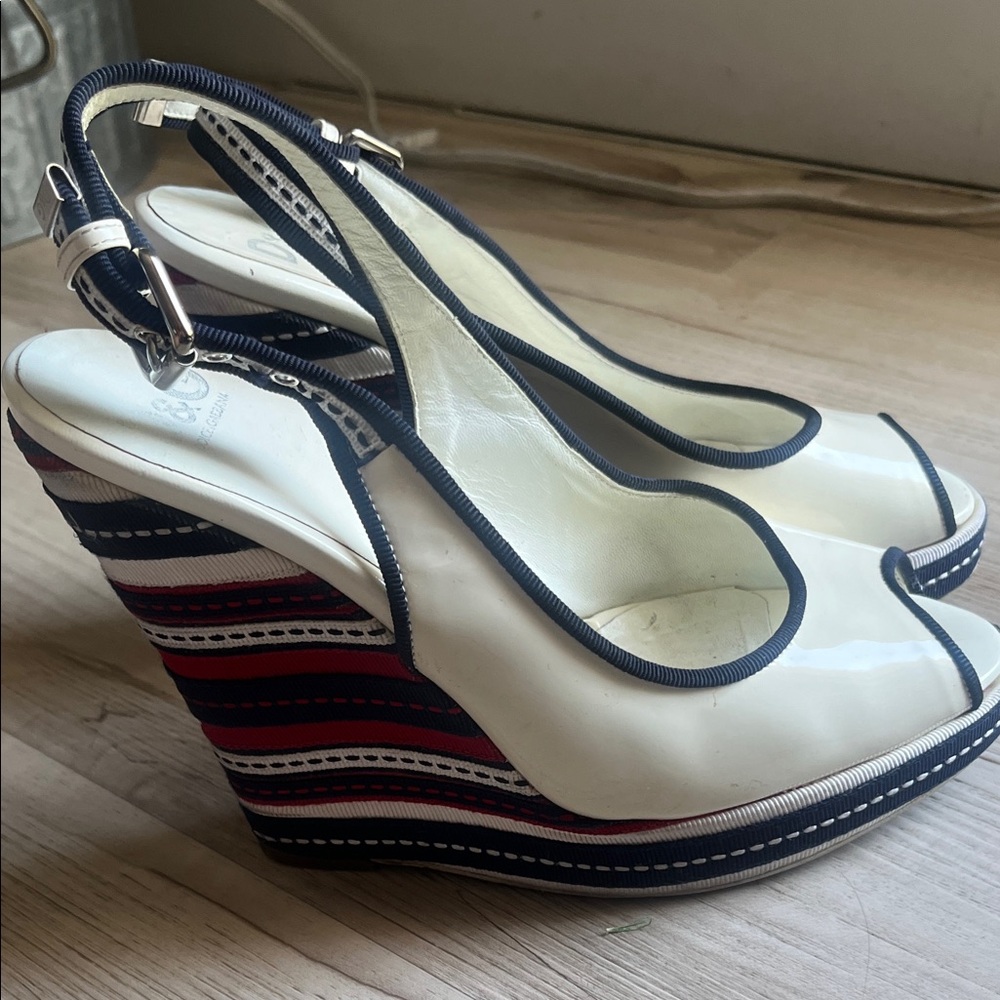 Dolce & Gabbana White and Navy Wedge Sandals